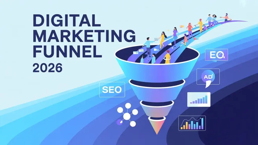 digital marketing funnel 2026 showing traffic conversion process from awareness to conversion with SEO and social media marketing