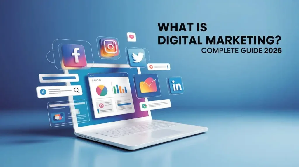 What is digital marketing guide 2026 showing SEO, social media marketing, and online advertising concepts