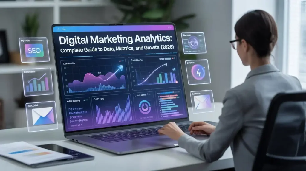 digital marketing analytics 2026 dashboard showing data metrics growth charts SEO and conversion tracking