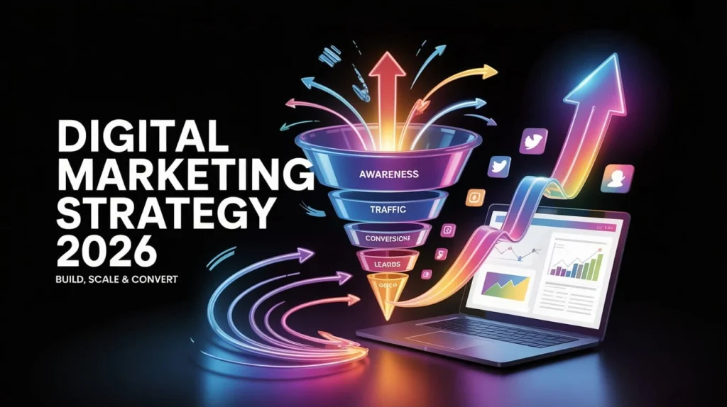 Digital Marketing Strategy 2026 showing SEO, marketing funnel, and conversion growth