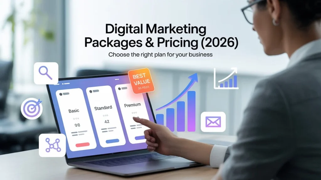 Digital marketing packages and pricing 2026 with pricing plans comparison and business growth strategy illustration