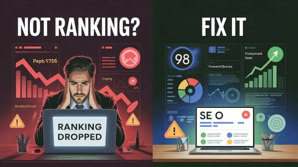 On Page SEO Services in 2026 showing content optimization, SEO audit dashboard, keyword placement, and ranking improvement strategies