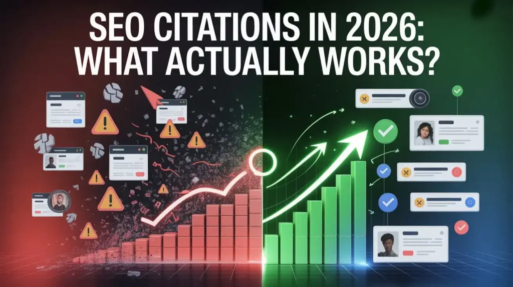 SEO citations in 2026 showing failed outdated strategies vs modern trust-based SEO improving rankings with authority signals and structured data