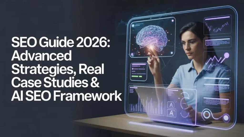 SEO Guide 2026 advanced strategies AI SEO framework with analytics dashboard and ranking growth visualization