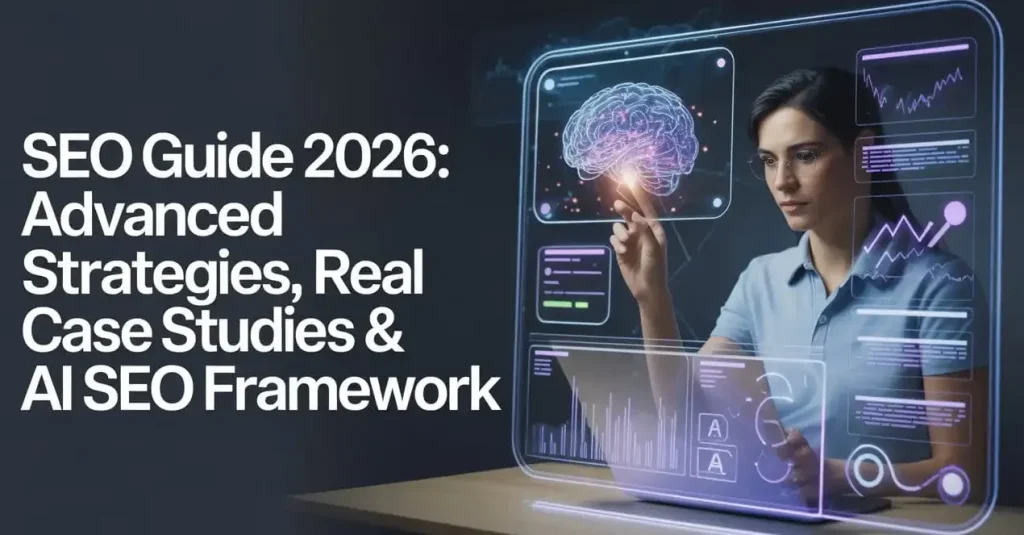 SEO Guide 2026 advanced strategies AI SEO framework with analytics dashboard and ranking growth visualization