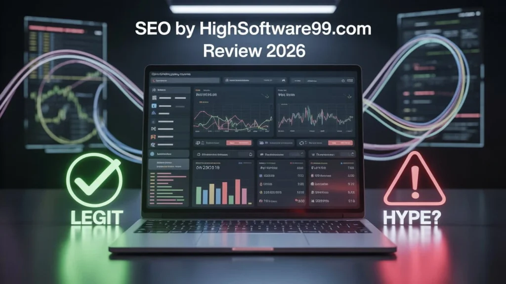 SEO by highsoftware99.com review 2026 showing SEO dashboard with traffic analytics, keyword rankings and legit vs hype comparison