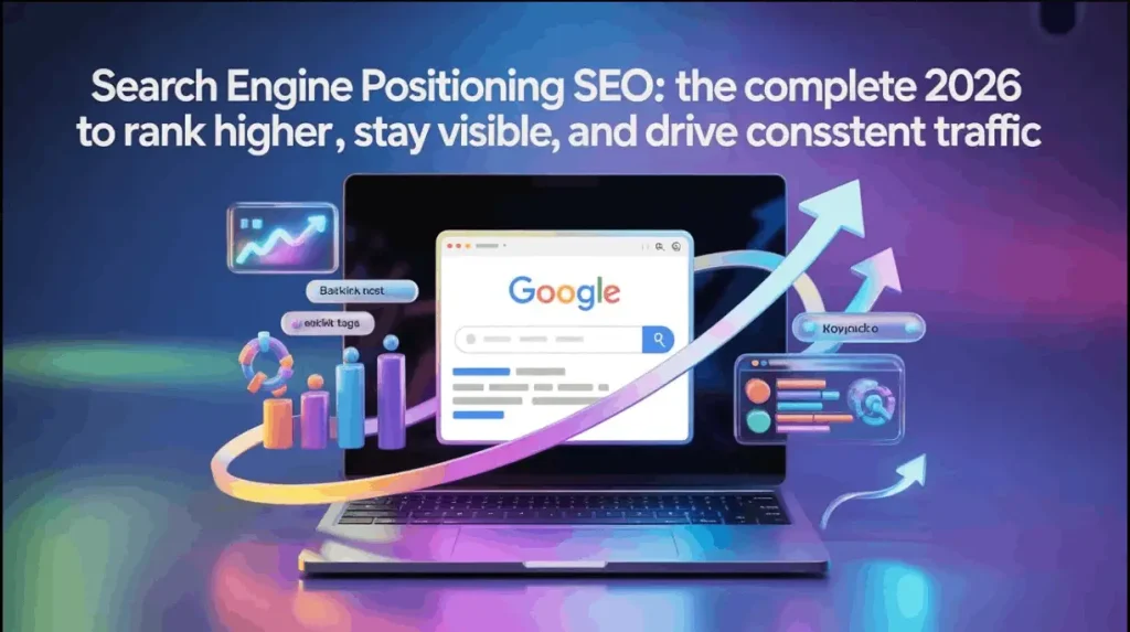 Search engine positioning SEO featured image showing Google ranking #1 with traffic growth graphs and analytics dashboard
