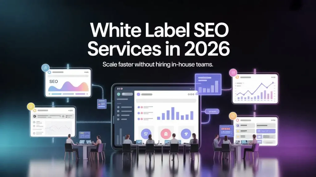 White label SEO services in 2026 showing agency outsourcing SEO work, scalable growth, analytics dashboard and ranking performance improvement
