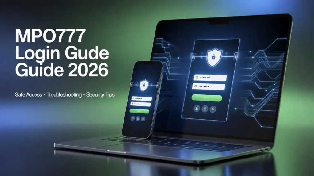 MPO 777 login guide 2026 showing secure access screen with username password interface, cybersecurity protection icons and mobile friendly gaming login dashboard