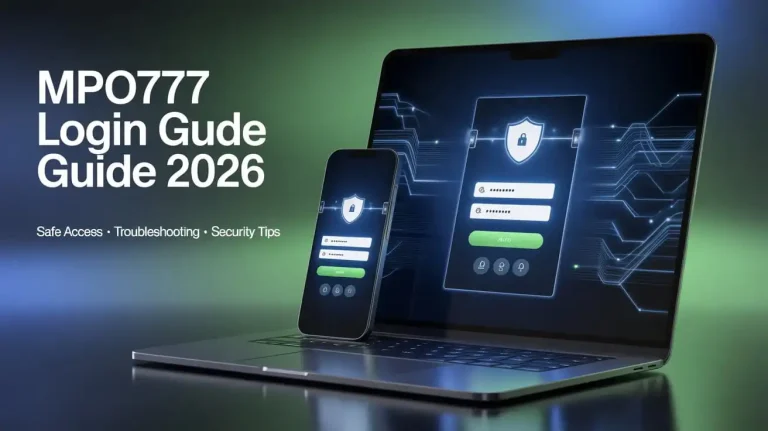 MPO 777 login guide 2026 showing secure access screen with username password interface, cybersecurity protection icons and mobile friendly gaming login dashboard