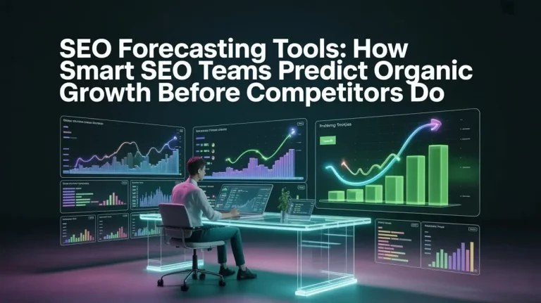 SEO Forecasting Tools dashboard showing predictive SEO analytics, organic traffic growth forecasts, keyword trend projections, and AI-powered ranking predictions.