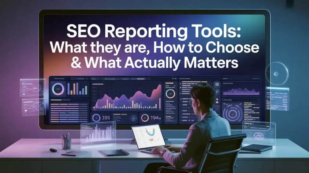 SEO Reporting Tools dashboard with analytics reports, keyword rankings, traffic metrics, and AI-powered SEO performance tracking.