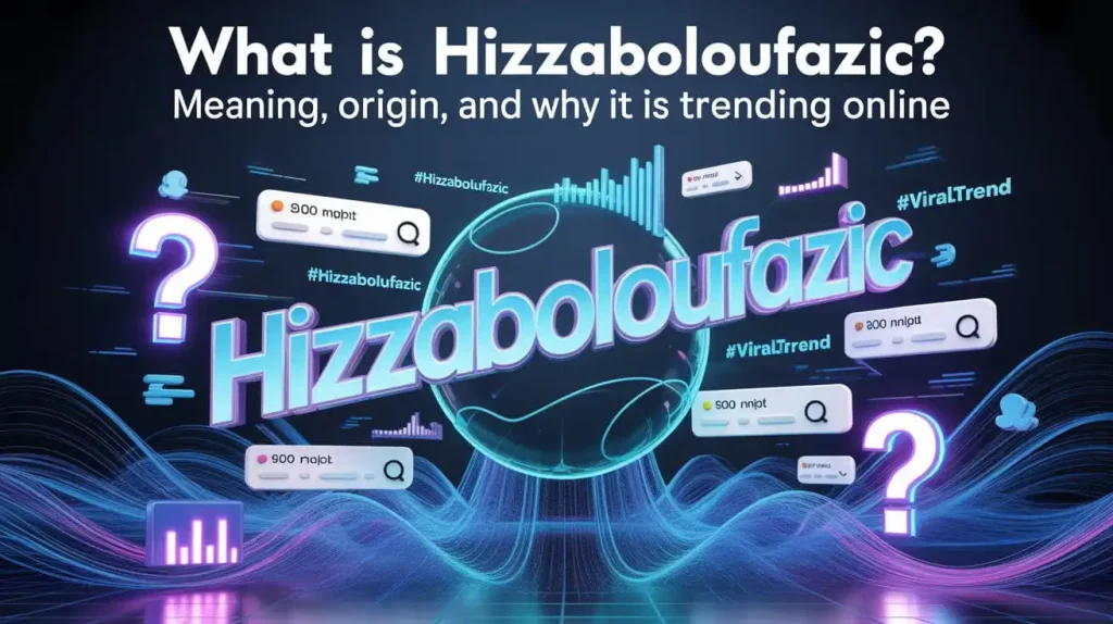 Feature image for What Is Hizzaboloufazic? Meaning, Origin, and Why It Is Trending Online showing a futuristic viral internet trend concept with glowing digital text and social media elements.