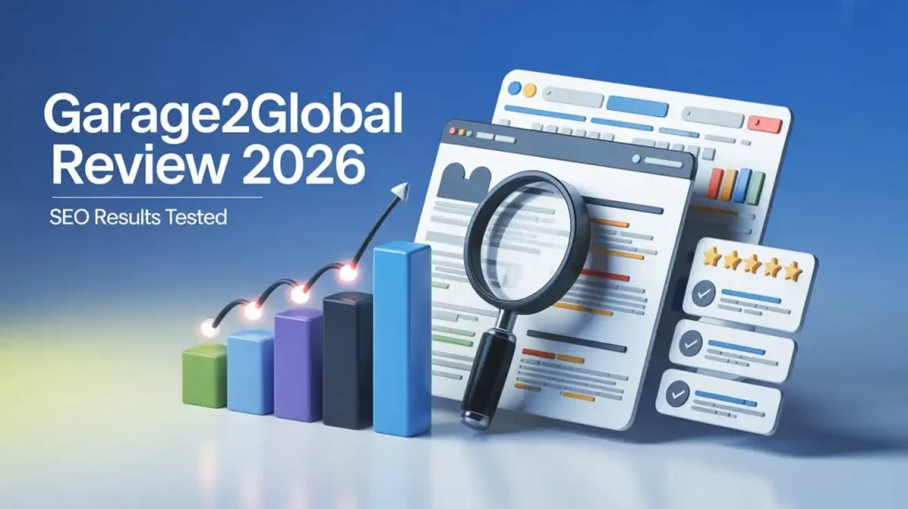 Garage2Global SEO services review 2026 showing website ranking growth, SEO analytics dashboard, and search engine results improvement