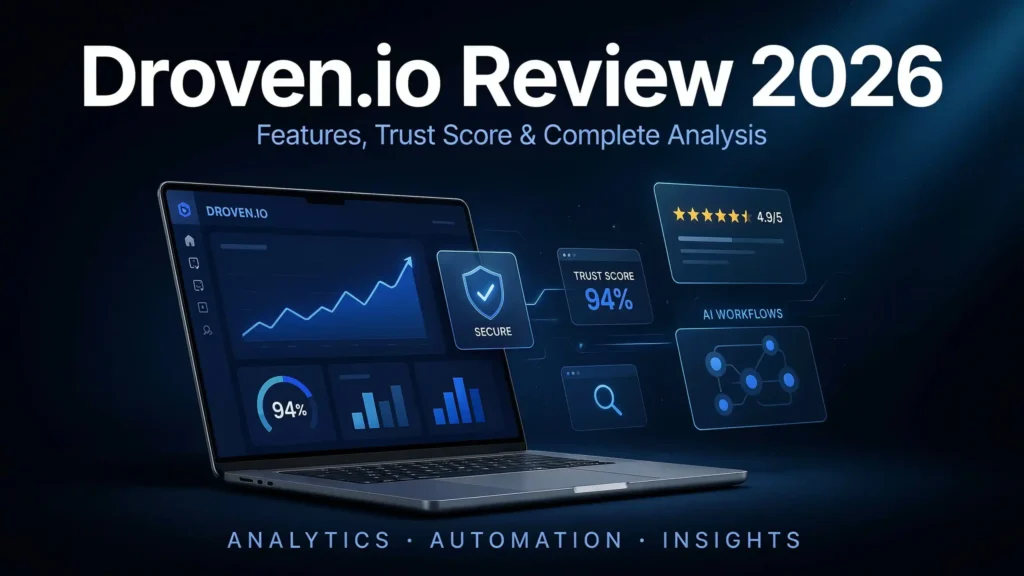 What Is Droven.io? Review of the Droven.io platform showing its features, analytics dashboard, trust indicators, and performance analysis in 2026.