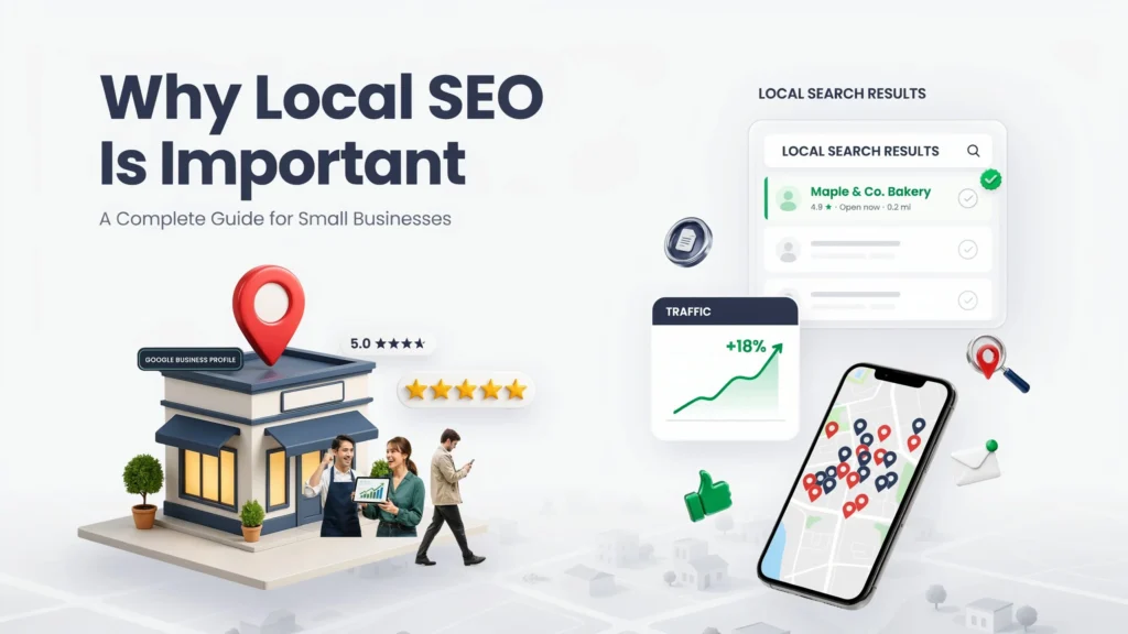 Why Local SEO Is Important: A Complete Guide for Small Businesses showing local search rankings, Google Maps visibility, customer reviews, and small business growth.