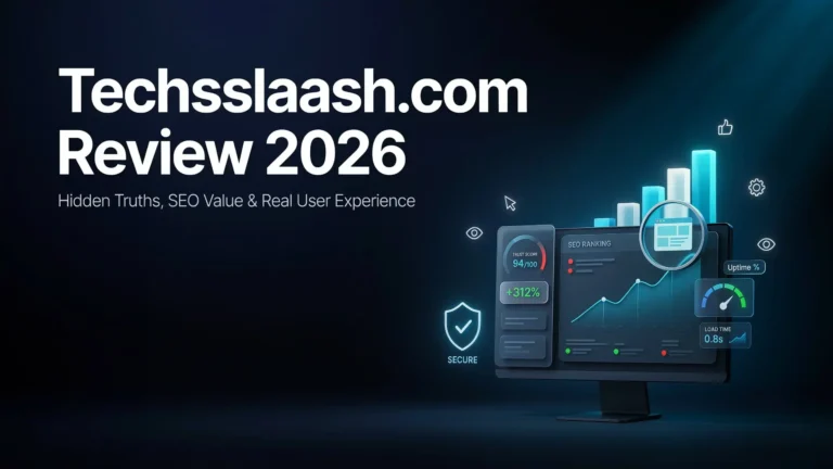 Techsslaash.com Review 2026 showing SEO analysis, trust evaluation, website performance, user experience, and search ranking insights.